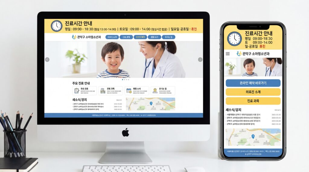 관악구 소아과 홈페이지 제작 완성 화면 PC 모바일 반응형 디자인 진료 시간 안내