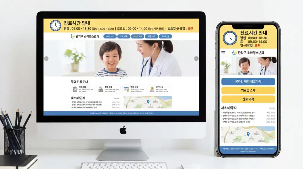 관악구 소아과 홈페이지 제작 완성 화면 PC 모바일 반응형 디자인 진료 시간 안내