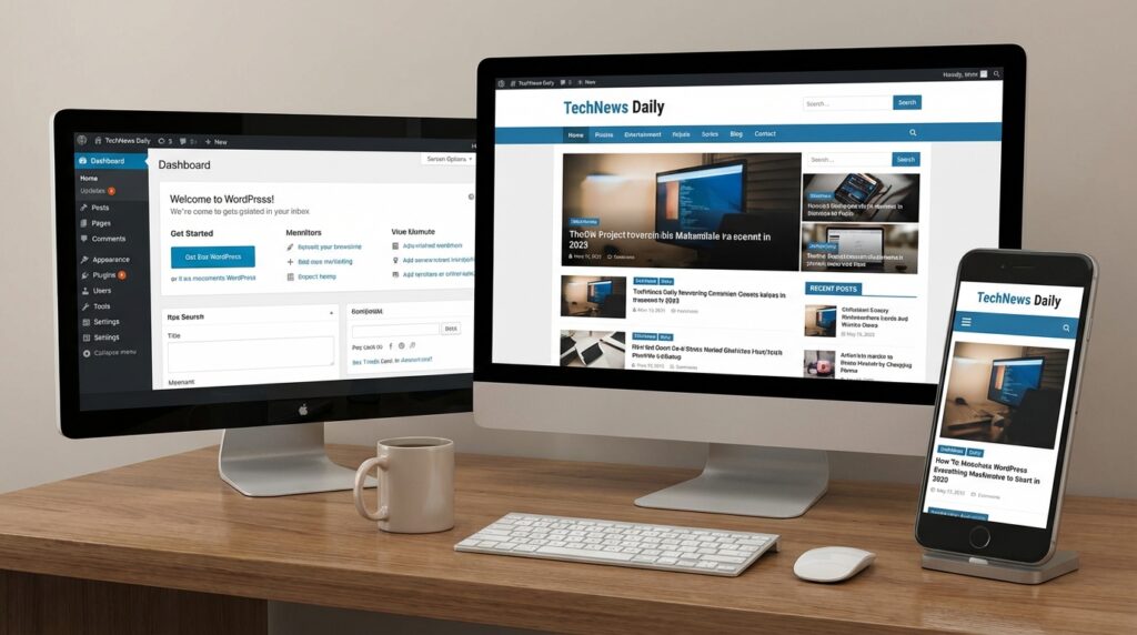 워드프레스 홈페이지 제작 완성 화면 관리자 대시보드 PC 모바일 반응형 예시