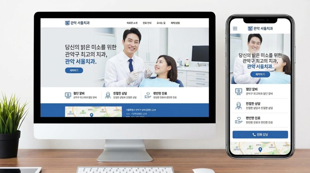 관악구 치과 홈페이지 제작 완성 화면 PC 모바일 반응형 디자인 예시