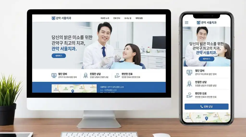 관악구 치과 홈페이지 제작 완성 화면 PC 모바일 반응형 디자인 예시