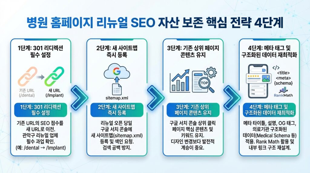 관악구 병원 홈페이지 리뉴얼 SEO 자산 보존 전략 4단계 흐름도