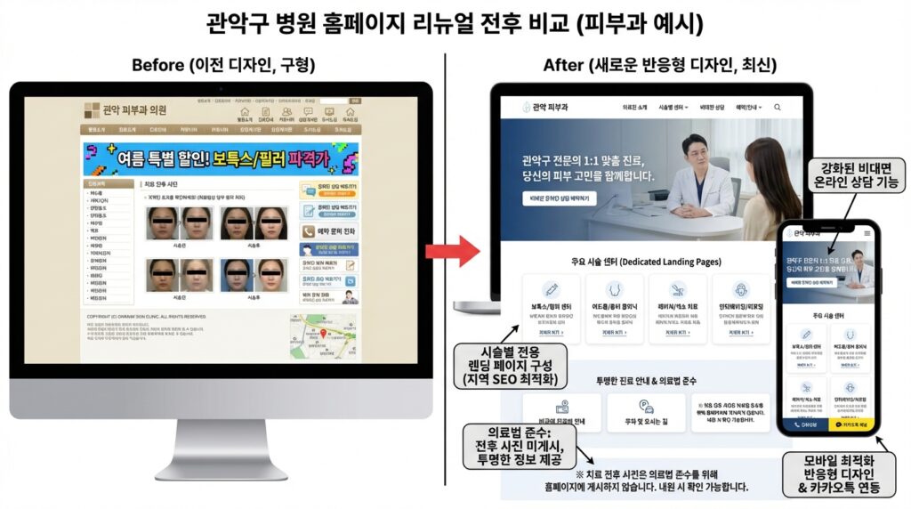 관악구 병원 홈페이지 리뉴얼 전후 비교 디자인 화면 예시