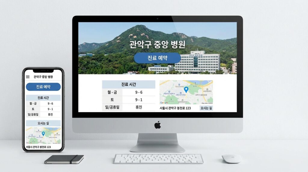 관악구 병원 홈페이지 제작 완성 화면 PC 모바일 반응형 디자인 예시