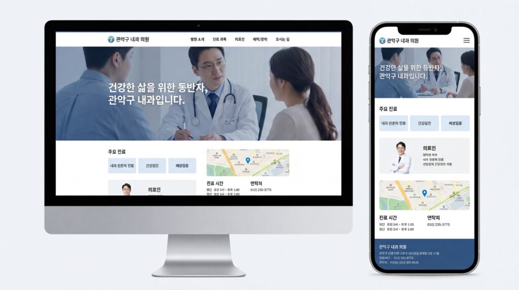 관악구 내과 홈페이지 제작 완성 화면 PC 모바일 반응형 디자인 예시