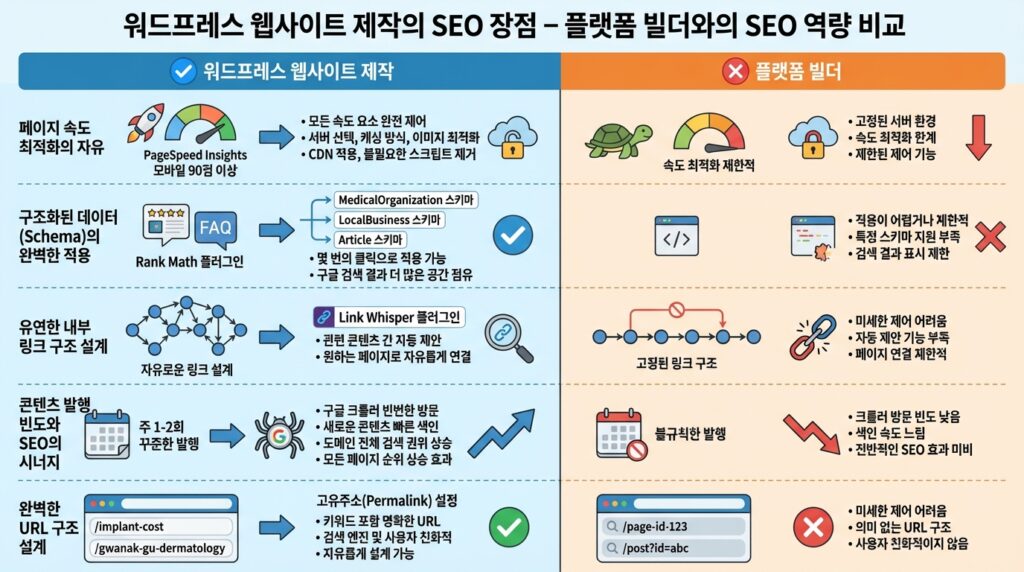 워드프레스 홈페이지 제작 SEO 장점 플랫폼 빌더 비교 인포그래픽
