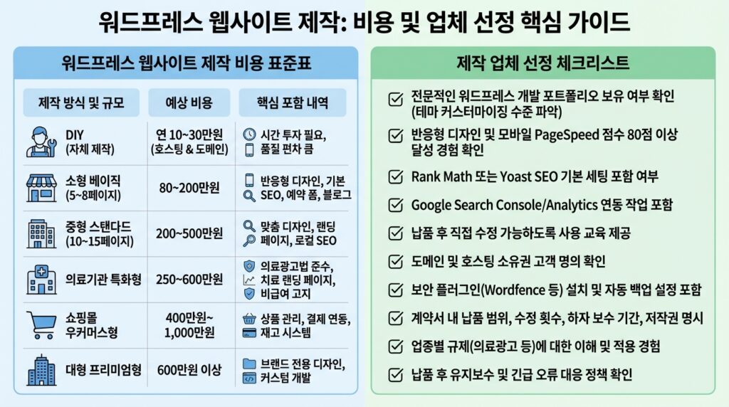 워드프레스 홈페이지 제작 비용 기준표 업체 선정 체크리스트 인포그래픽