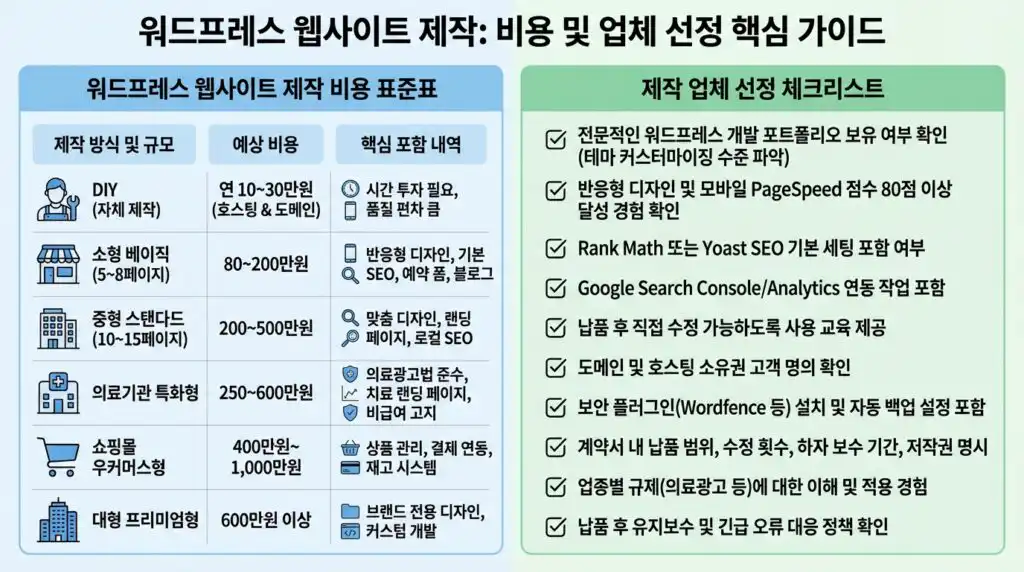 워드프레스 홈페이지 제작 비용 기준표 업체 선정 체크리스트 인포그래픽