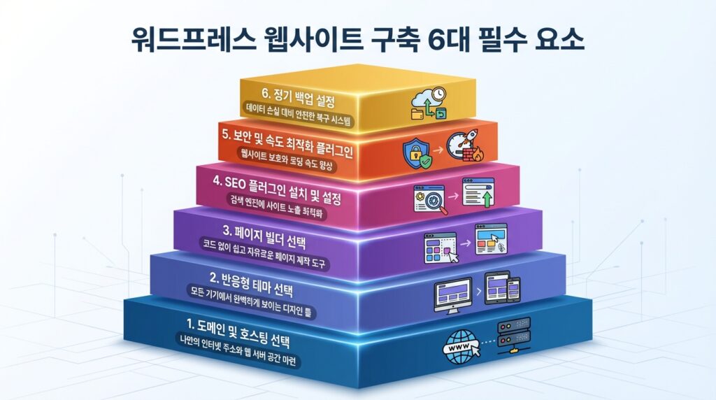워드프레스 홈페이지 제작 필수 구성 요소 6가지 레이어 구조 인포그래픽