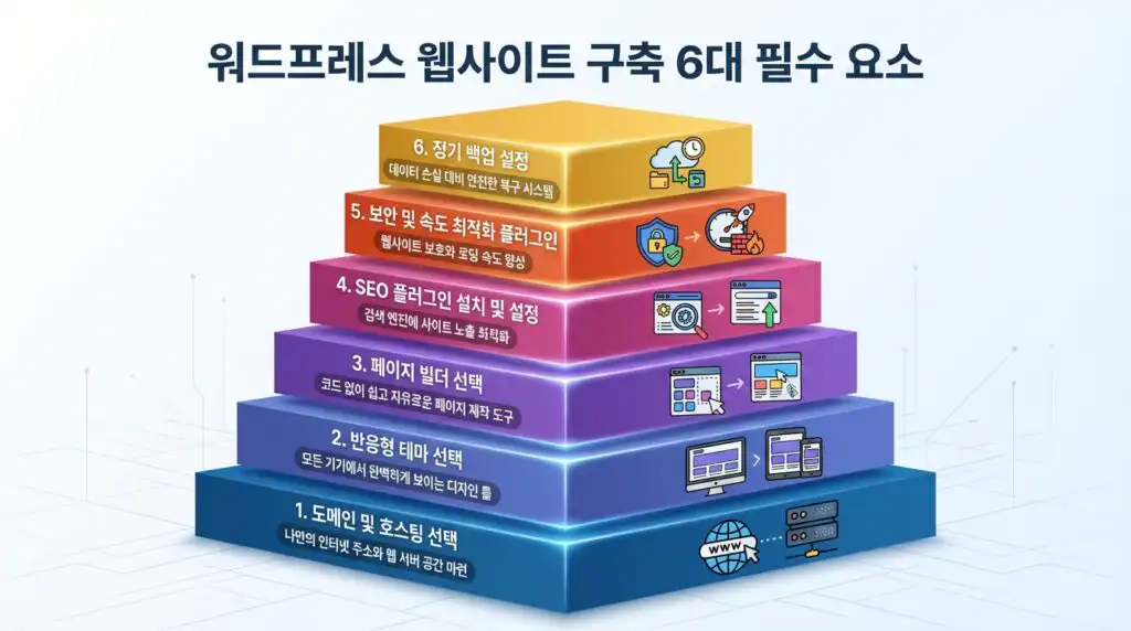 워드프레스 홈페이지 제작 필수 구성 요소 6가지 레이어 구조 인포그래픽