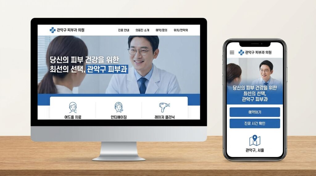 관악구 피부과 홈페이지 제작 완성 화면 PC 모바일 반응형 예시