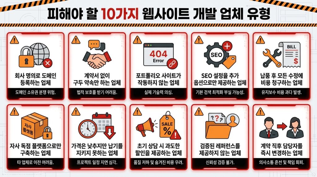 피해야 할 홈페이지 제작 업체 유형 10가지 주의사항 경고 인포그래픽