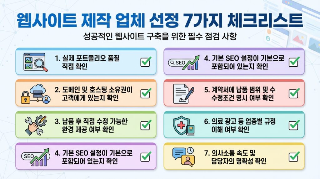홈페이지 제작 업체 선정 기준 7가지 체크리스트 인포그래픽