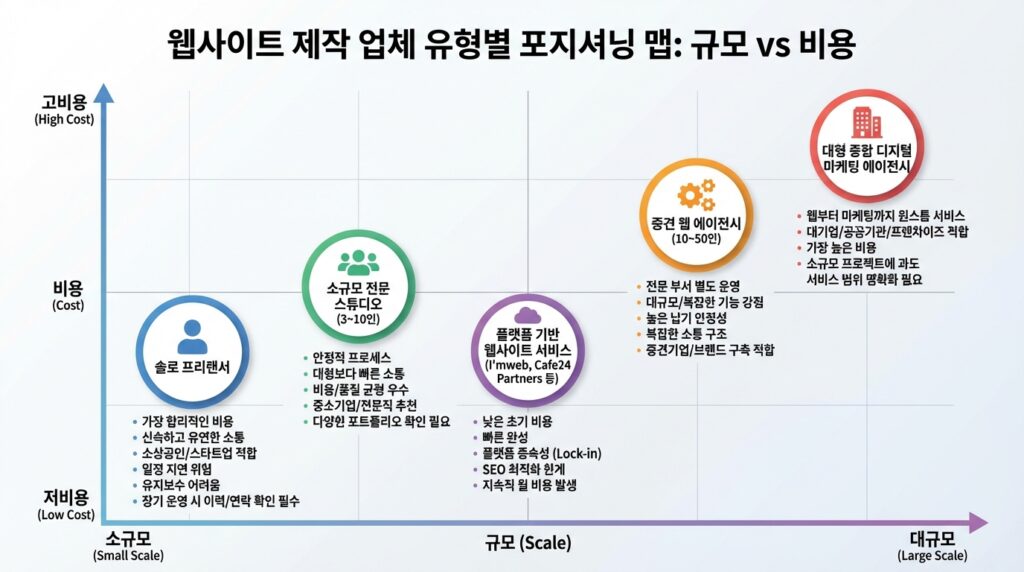 홈페이지 제작 업체 유형 5가지 비교 프리랜서 스튜디오 에이전시 포지셔닝 맵