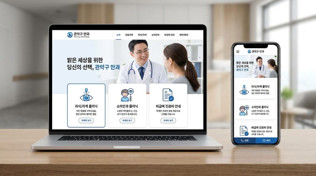 관악구 안과 홈페이지 제작 완성 화면 PC 모바일 반응형 라식 라섹 디자인 예시