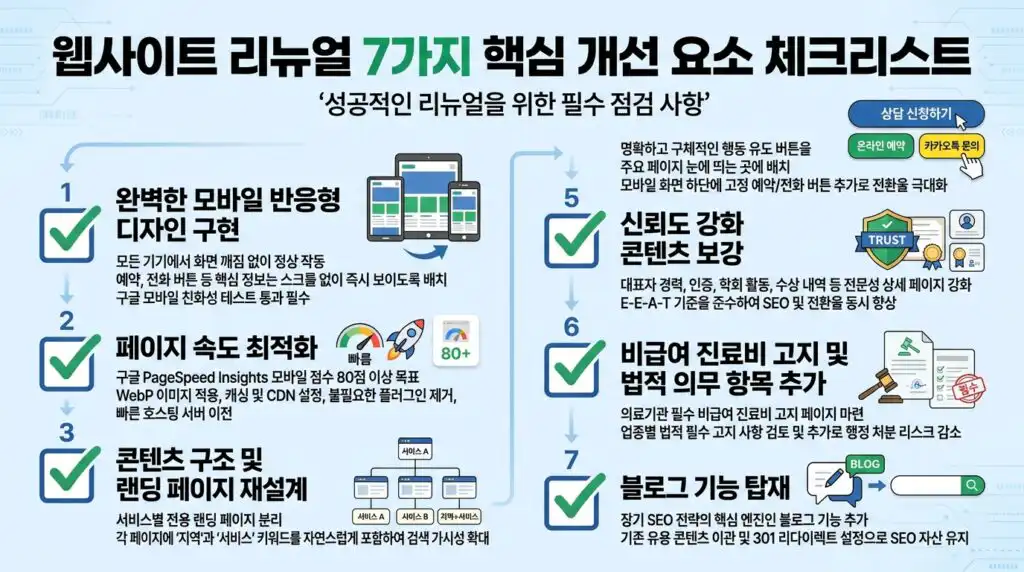 홈페이지 리뉴얼 핵심 개선 요소 7가지 체크리스트 인포그래픽