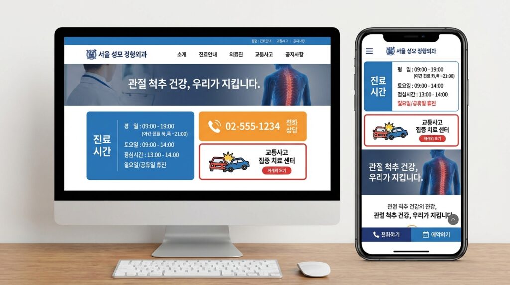 관악구 정형외과 홈페이지 제작 완성 화면 PC 모바일 반응형 디자인 예시