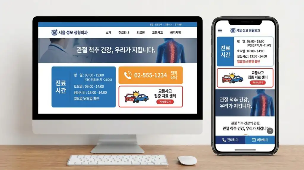 관악구 정형외과 홈페이지 제작 완성 화면 PC 모바일 반응형 디자인 예시