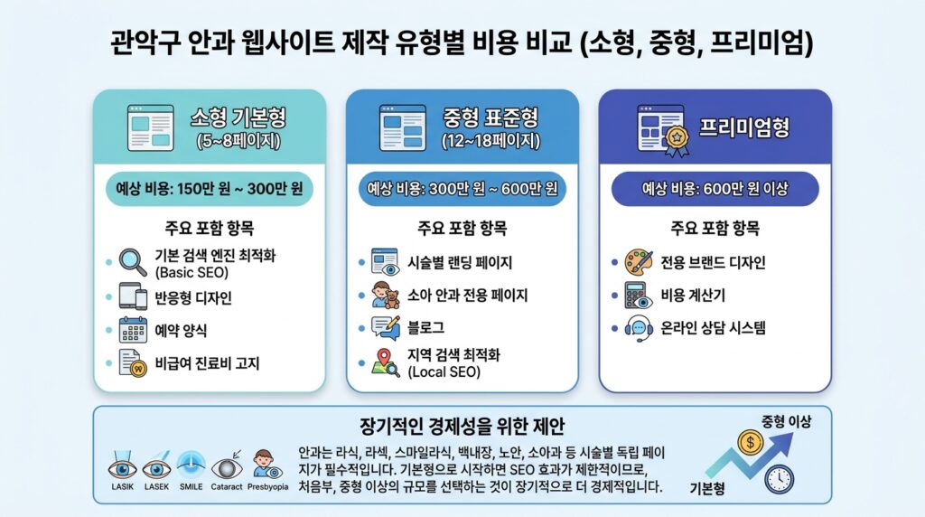 관악구 안과 홈페이지 제작 비용 기준표 유형별 비교 인포그래픽