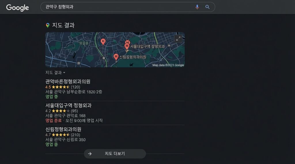 관악구 정형외과 홈페이지 구글 지역 검색 Local Pack 상위 노출 SEO 예시