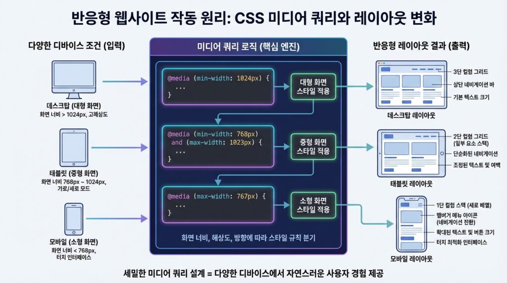 반응형 홈페이지 제작 미디어 쿼리 작동 원리 레이아웃 변화 인포그래픽