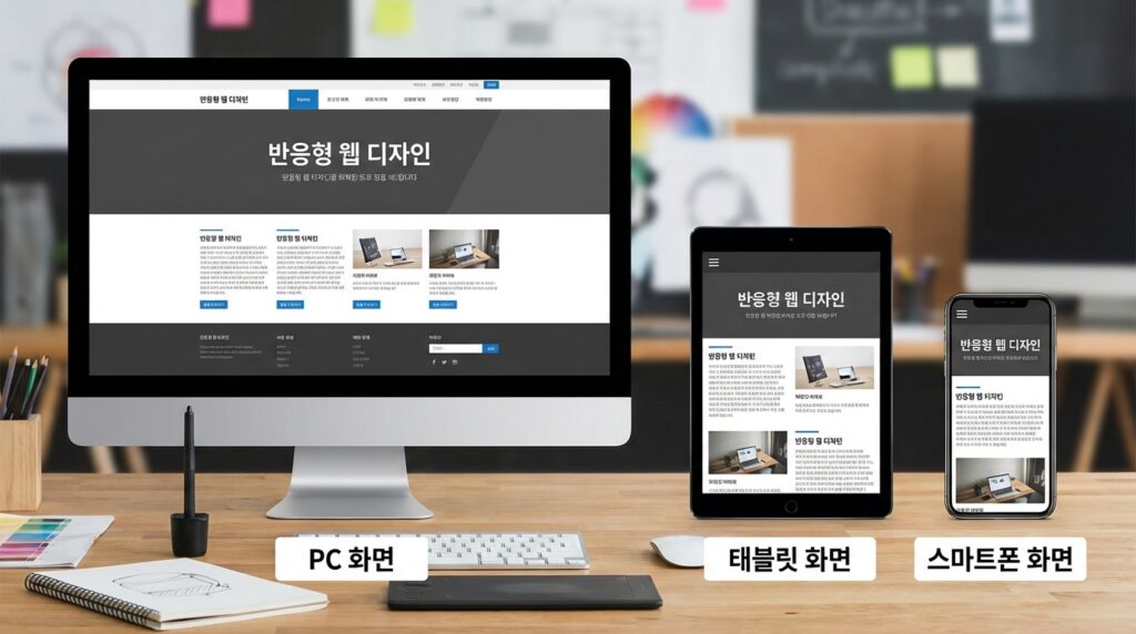 반응형 홈페이지 제작 PC 태블릿 스마트폰 화면 최적화 비교 예시