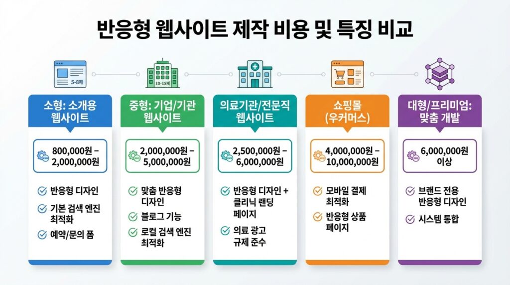 반응형 홈페이지 제작 비용 유형별 기준표 비교 인포그래픽