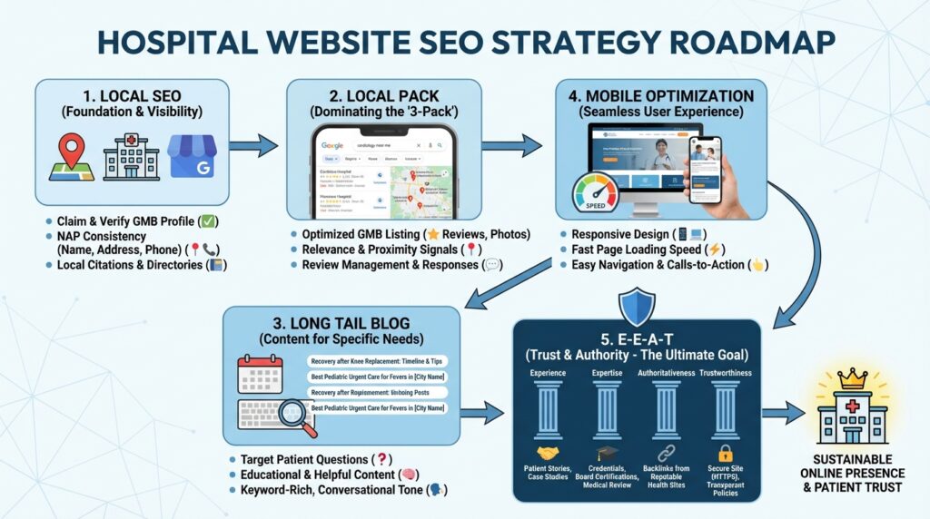병원 홈페이지 제작 SEO 전략 단계별 로드맵 인포그래픽