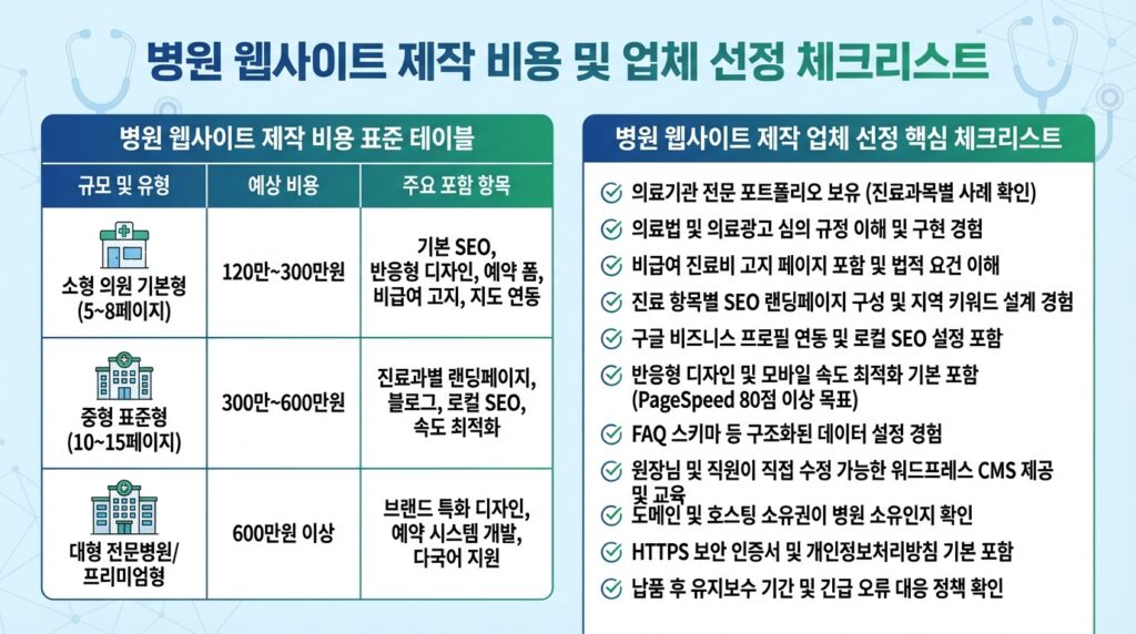 병원 홈페이지 제작 비용 기준표 업체 선정 체크리스트 인포그래픽