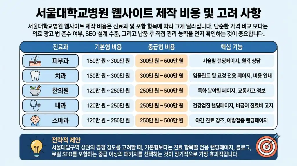 서울대입구 병원 홈페이지 제작 비용 진료과목별 기준표 인포그래픽
