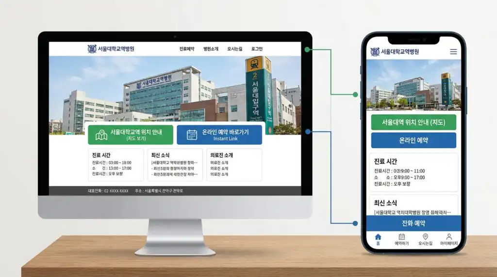 서울대입구 병원 홈페이지 제작 완성 화면 PC 모바일 반응형 디자인 예약 버튼