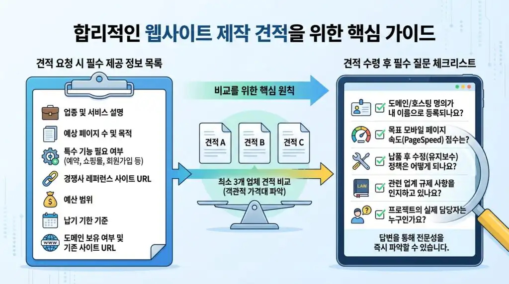 홈페이지 제작 견적 요청 시 제공 정보와 질문 체크리스트 인포그래픽
