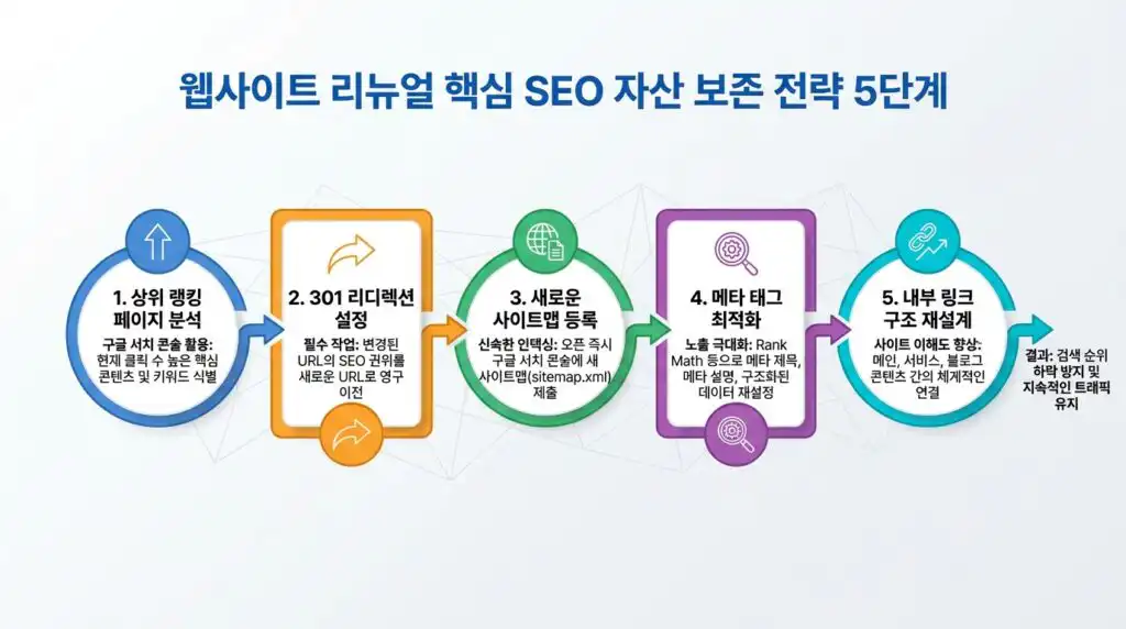 홈페이지 리뉴얼 SEO 자산 보존 전략 5단계 흐름도 인포그래픽
