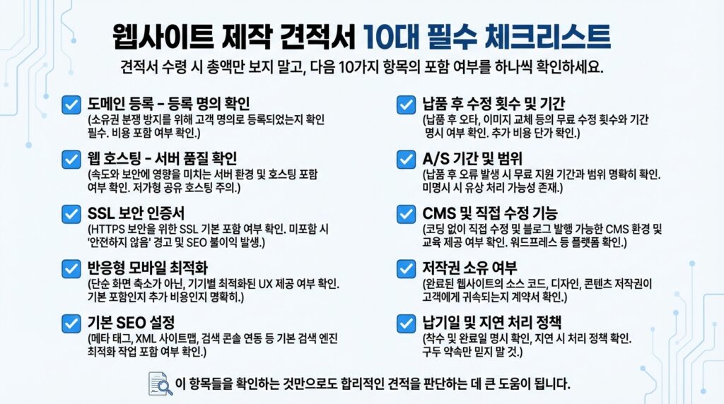 홈페이지 제작 견적서 확인 항목 10가지 체크리스트 인포그래픽