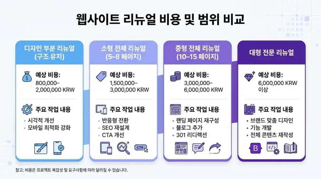홈페이지 리뉴얼 비용 기준표 범위별 비교 인포그래픽