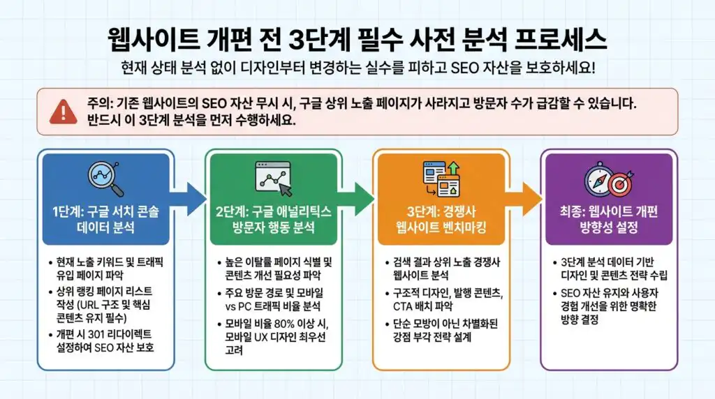 홈페이지 리뉴얼 사전 분석 3단계 프로세스 인포그래픽