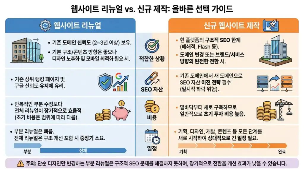 홈페이지 리뉴얼 신규 제작 비교표 인포그래픽 차이점 선택 기준