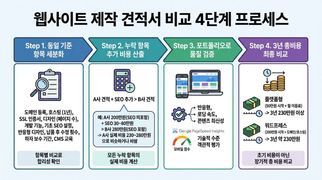 홈페이지 제작 견적 비교 4단계 방법 흐름도 인포그래픽