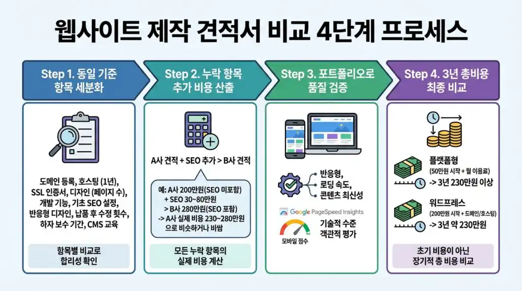 홈페이지 제작 견적 비교 4단계 방법 흐름도 인포그래픽