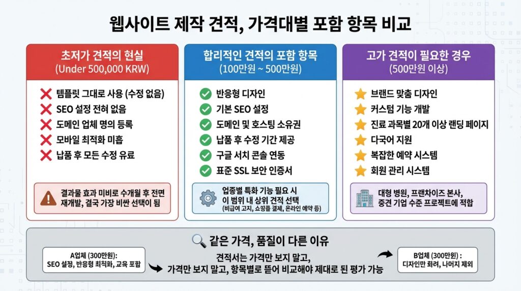 홈페이지 제작 견적 가격대별 포함 항목 비교표 인포그래픽