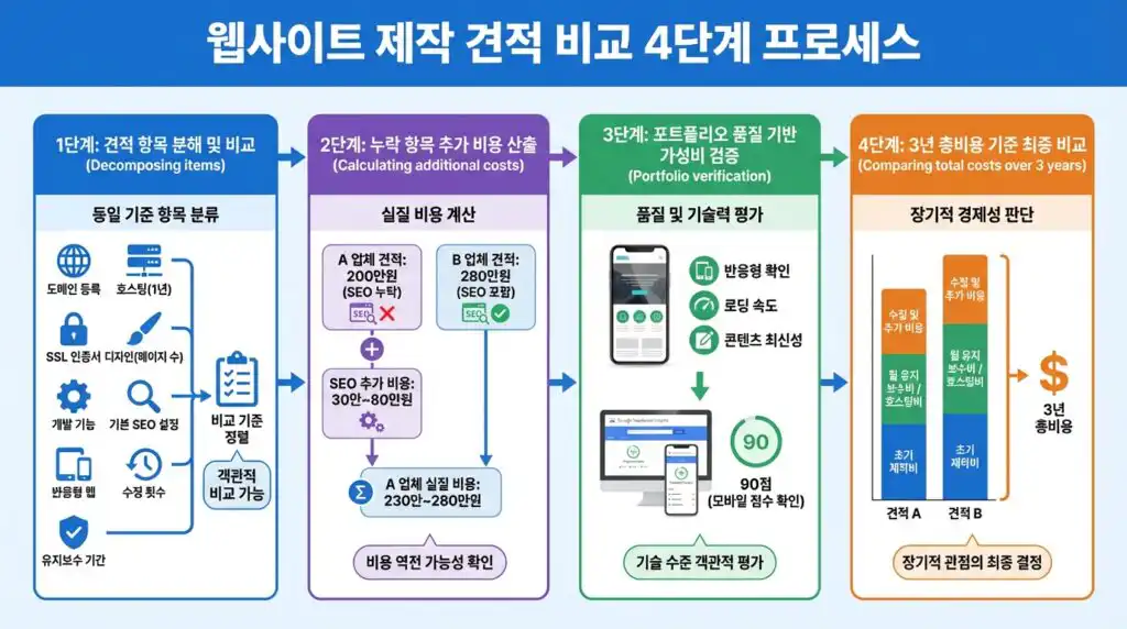 홈페이지 제작 단가표 견적서 비교 4단계 프로세스 인포그래픽