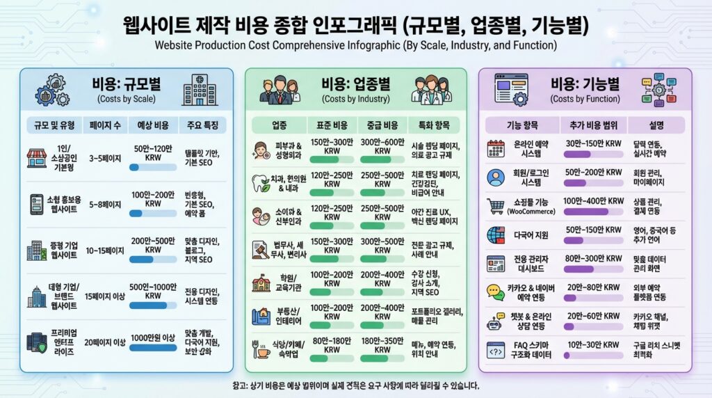 홈페이지 제작 단가표 규모별 업종별 기능별 비용 종합 인포그래픽