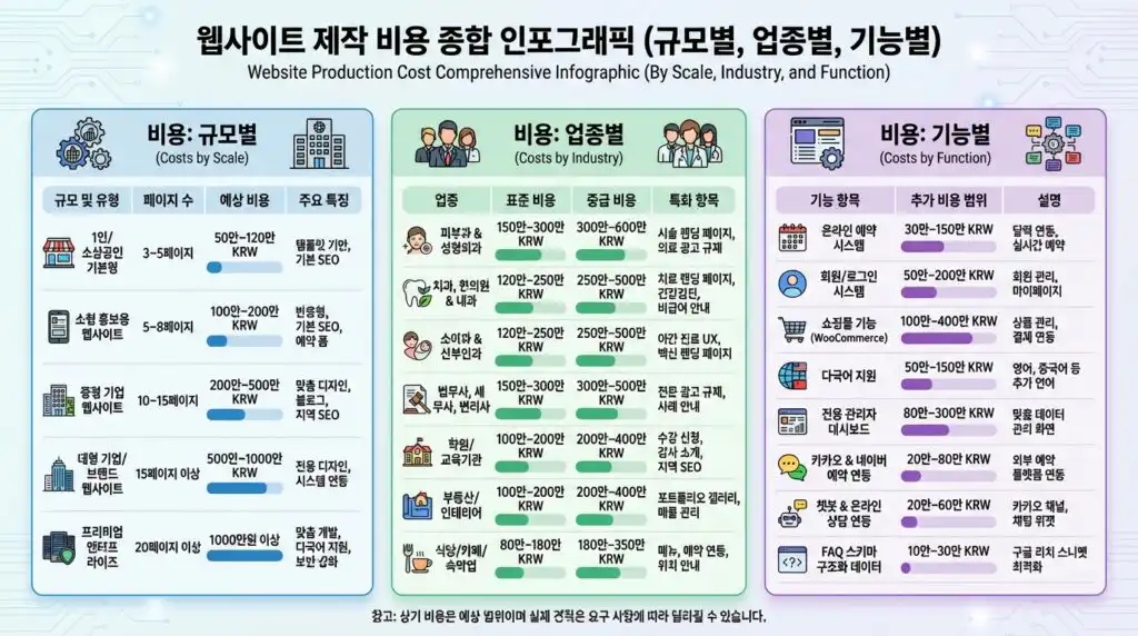 홈페이지 제작 단가표 규모별 업종별 기능별 비용 종합 인포그래픽