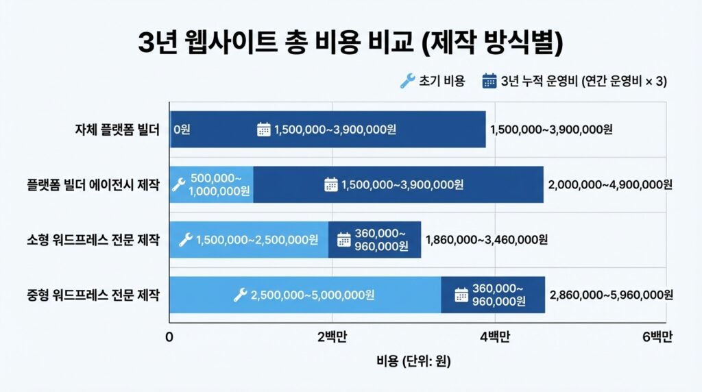 홈페이지 제작 단가표 방식별 3년 총비용 비교 그래프 워드프레스 플랫폼 빌더