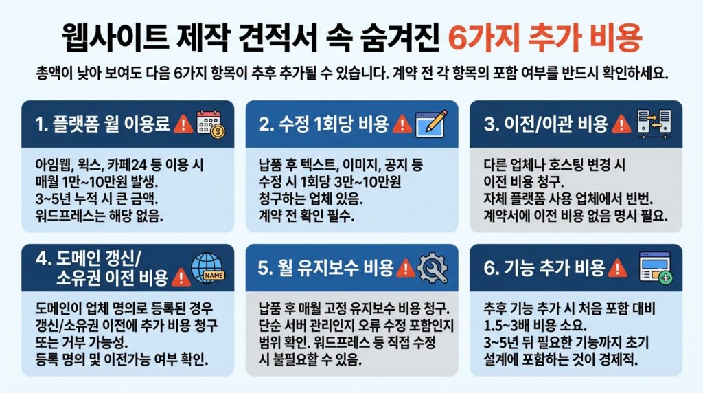 홈페이지 제작 견적서 숨은 추가 비용 6가지 주의사항 인포그래픽