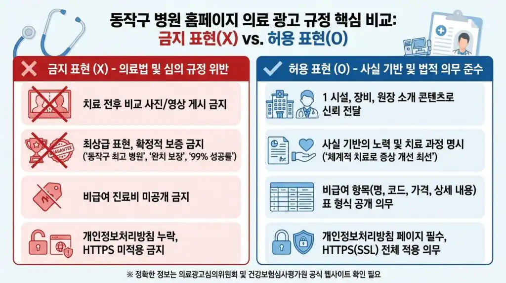 동작구 병원 홈페이지 제작 의료광고 규정 금지 허용 표현 비교 인포그래픽