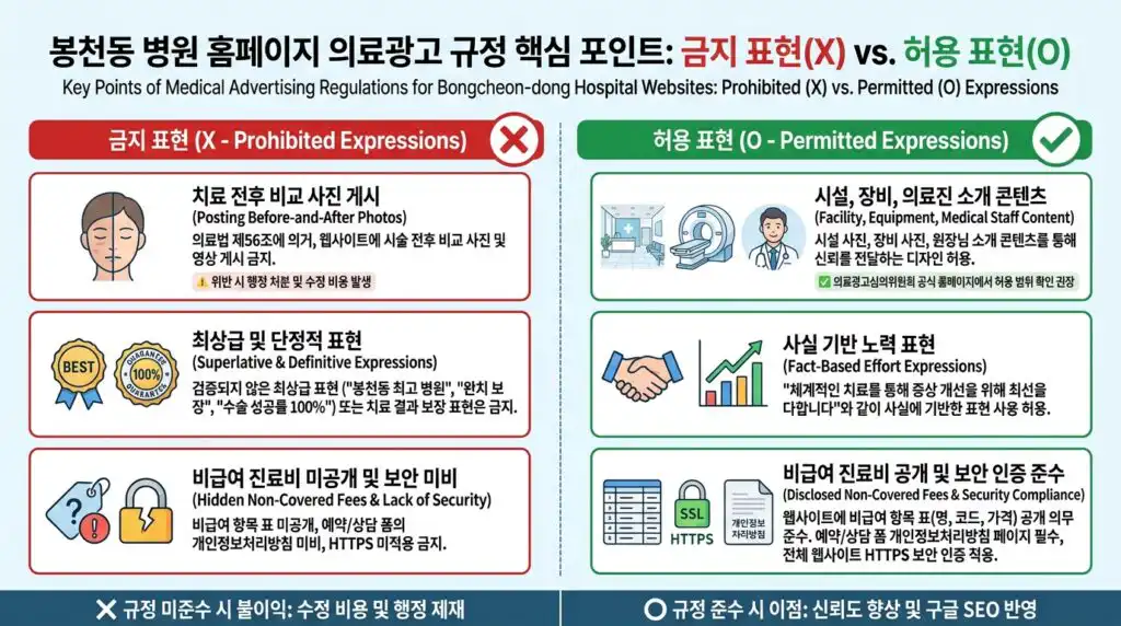 봉천동 병원 홈페이지 제작 의료광고 규정 금지 허용 표현 비교 인포그래픽
