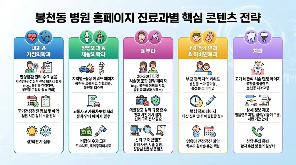 봉천동 병원 홈페이지 제작 진료과목별 핵심 콘텐츠 전략 인포그래픽