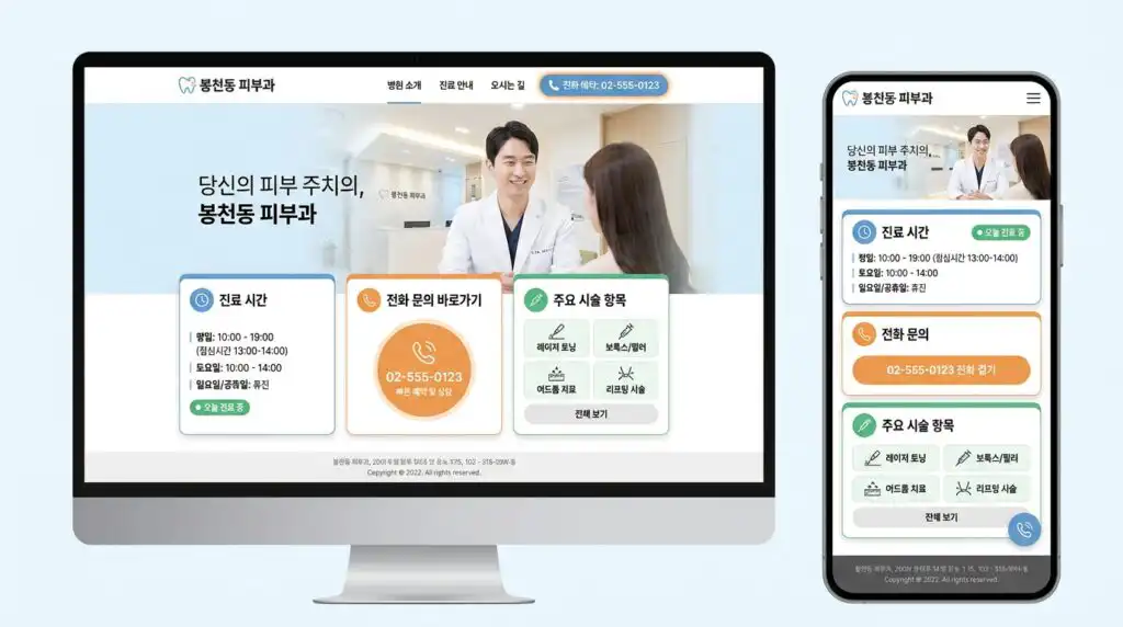 봉천동 병원 홈페이지 제작 완성 화면 PC 모바일 반응형 병의원 웹사이트 디자인