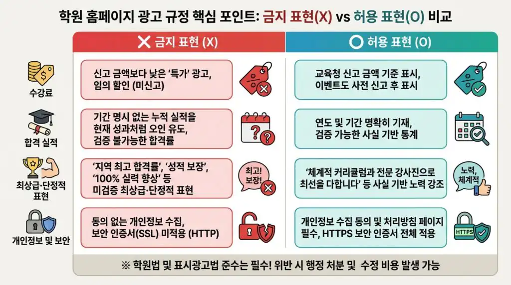 학원 홈페이지 제작 광고 표현 규정 금지 허용 표현 비교 수강료 합격 실적